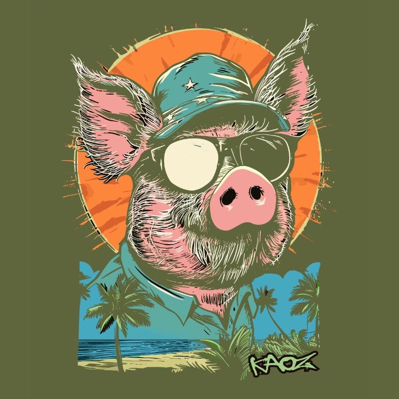 Palm trees beach summer vacation pig