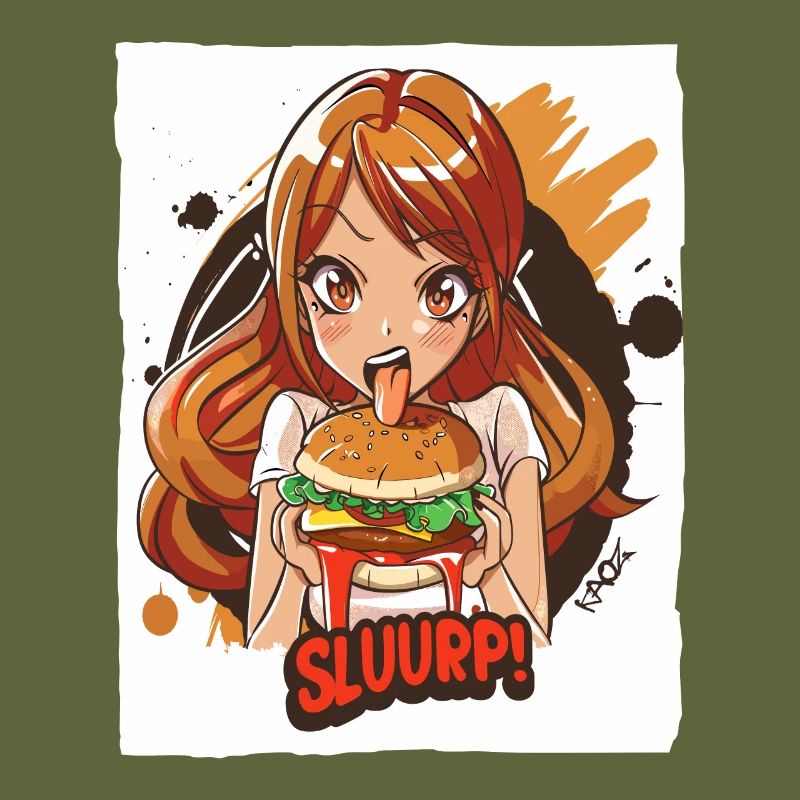 Anime-Mädchen liebt große Burger