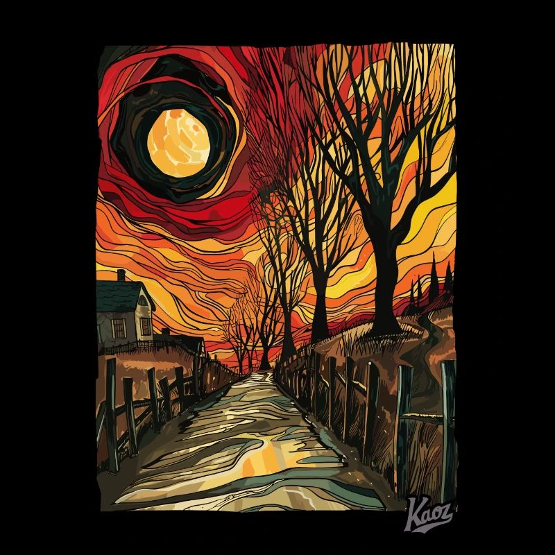 Peinture d’un chemin de terre avec du soleil