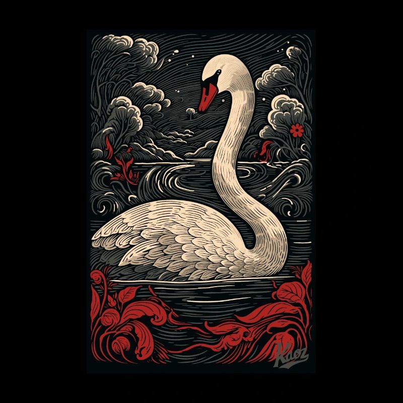 Holzschnitt eines Schwans auf einem See