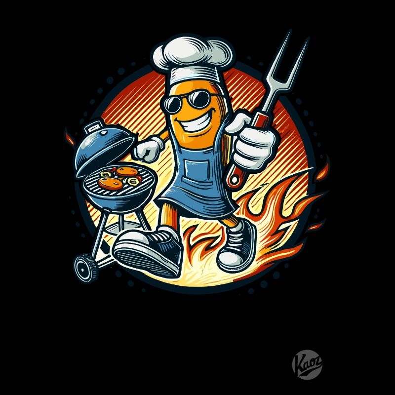 Grill master retro cartoon grilling with flames