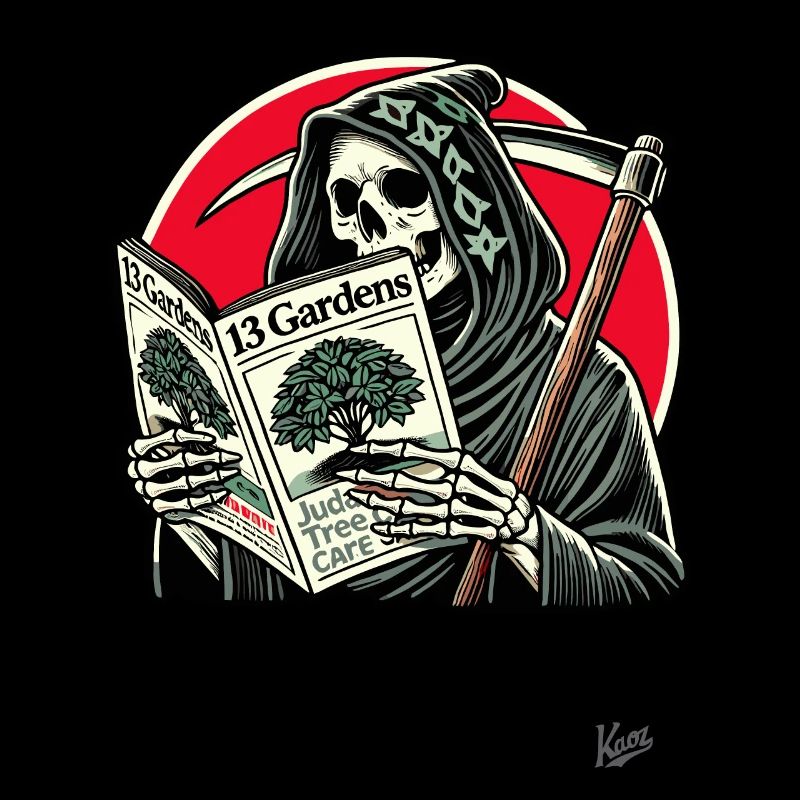 Gärtner Sensenmann liest Garten-Zeitung