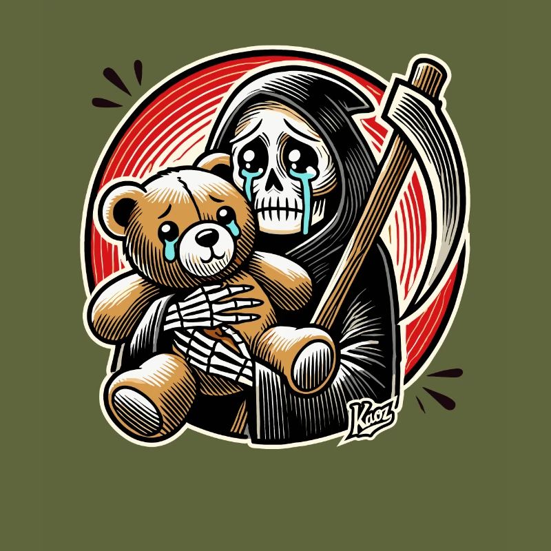 Crying Grim Reaper cuddling a stuffed animal