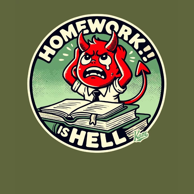 Little devil schoolboy in homework hell