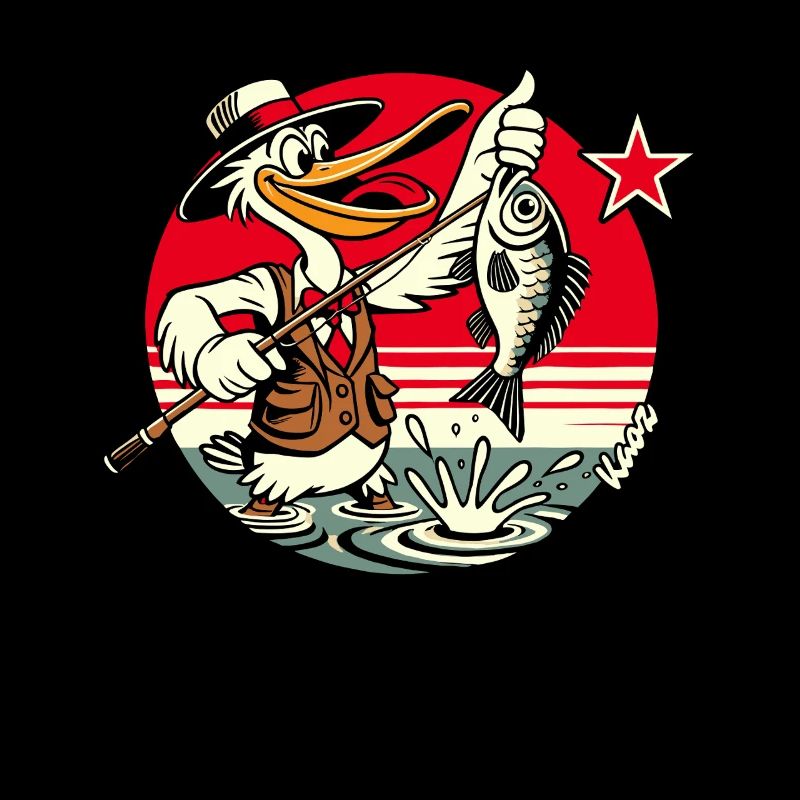 Pêcheur d’oiseaux pélican avec canne à pêche et poisson