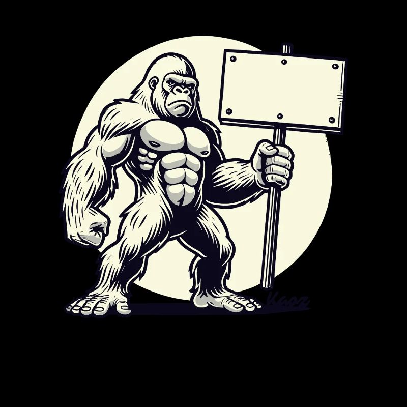 Starker Gorilla mit leerem Schild: Dein Text hier!