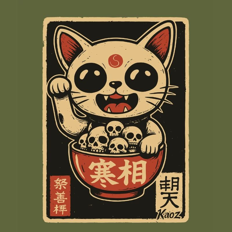 Dark Waving Cat with Skulls
