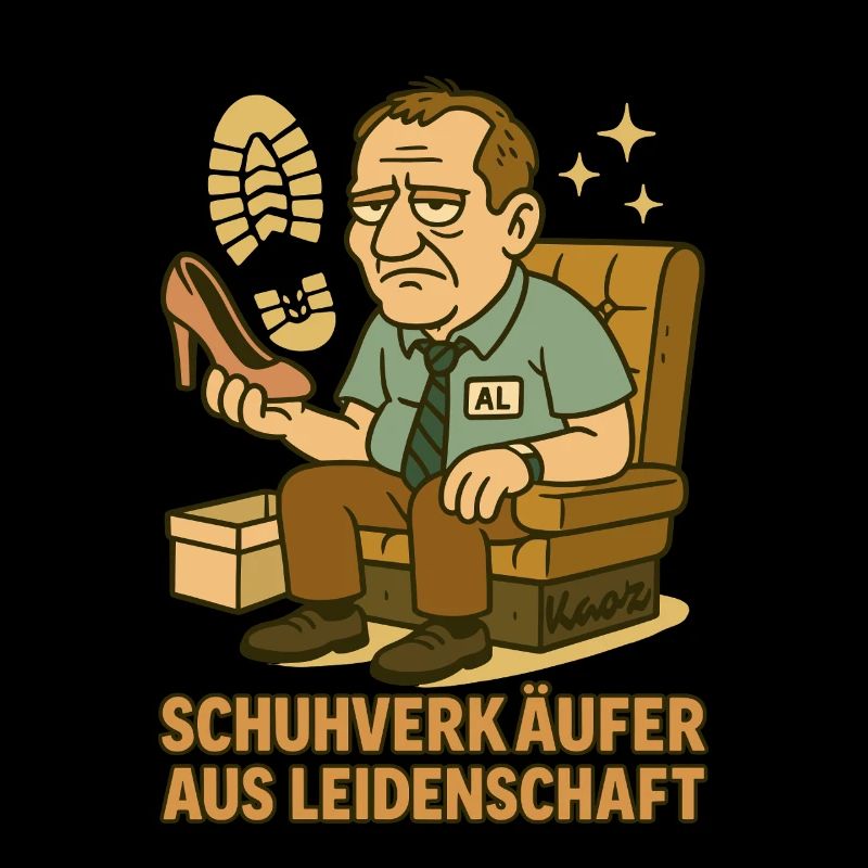 Schuhverkäufer Comicmotiv mit Al auf Sofa