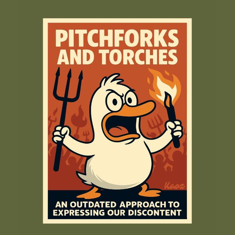 Angry duck with torch and pitchfork