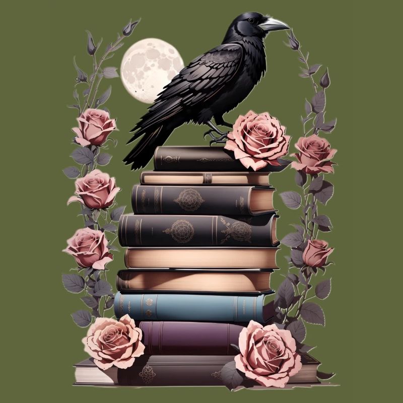 Stack of books with raven