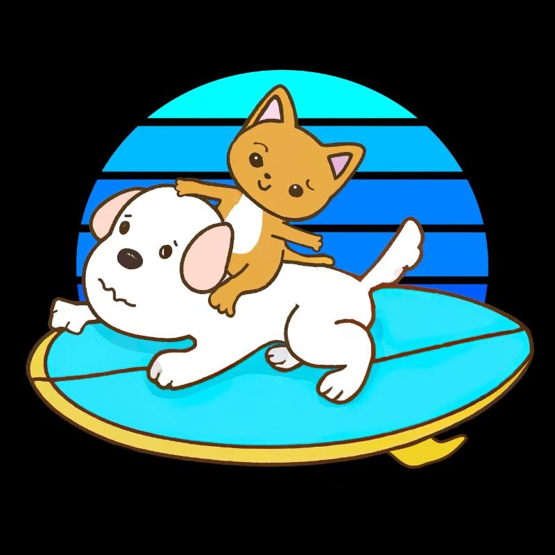 Cat rides on a dog surfboard