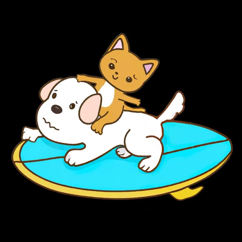 Cat rides on a dog surfboard