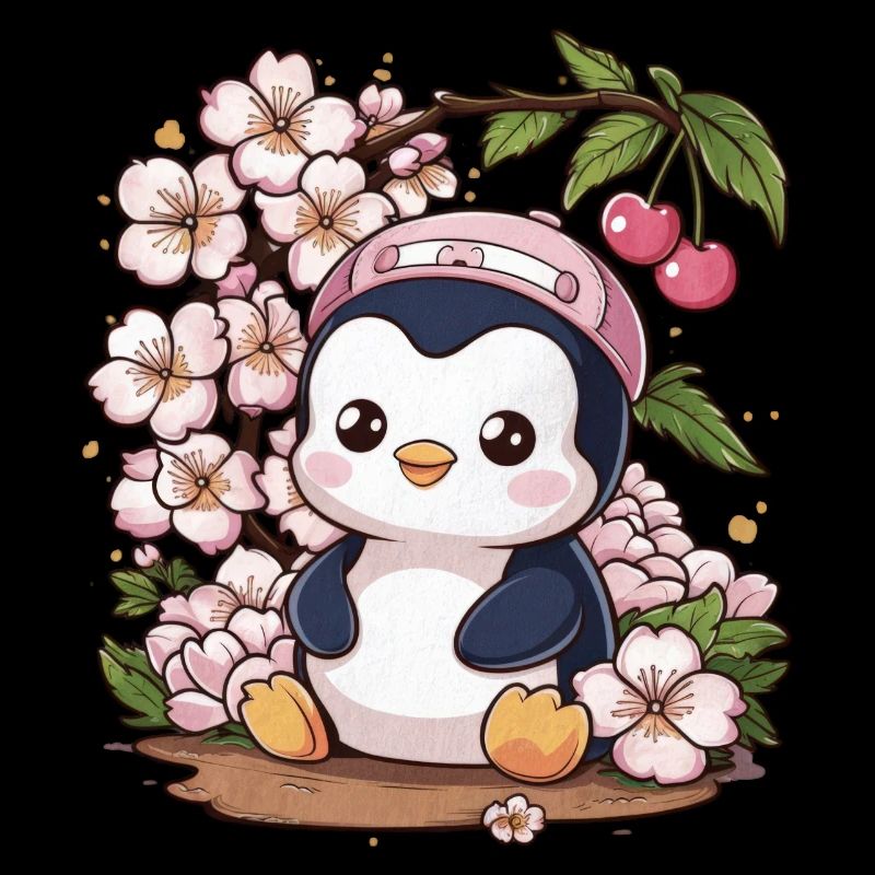 Cartoon Kawaii Penguin with Cherries