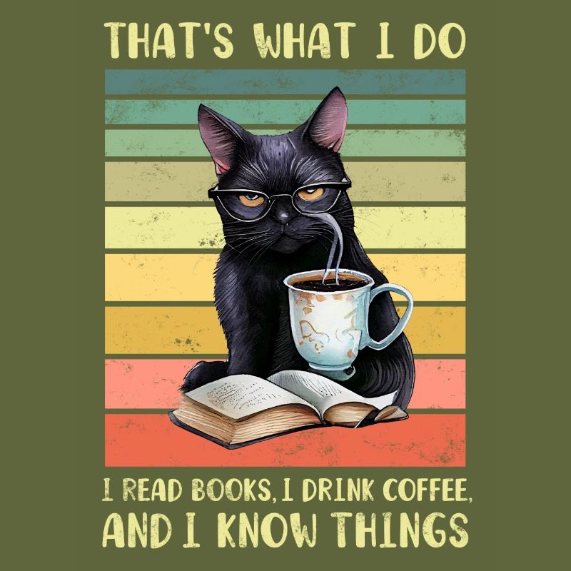 Schwarze Katze mit Kaffee und Buch