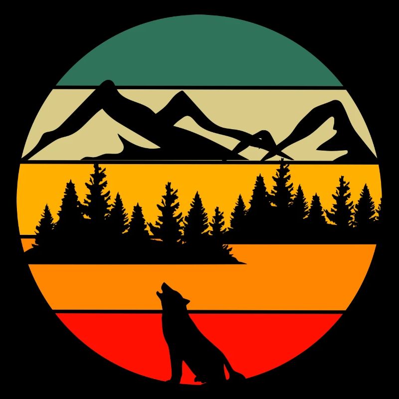 Retro Wald Landschaft Natur Tier Heulender Wolf