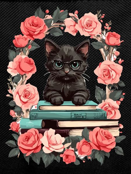Black cat with reading glasses