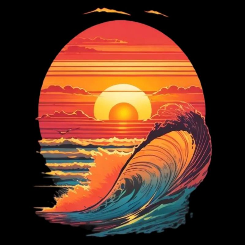 retro sunset and waves