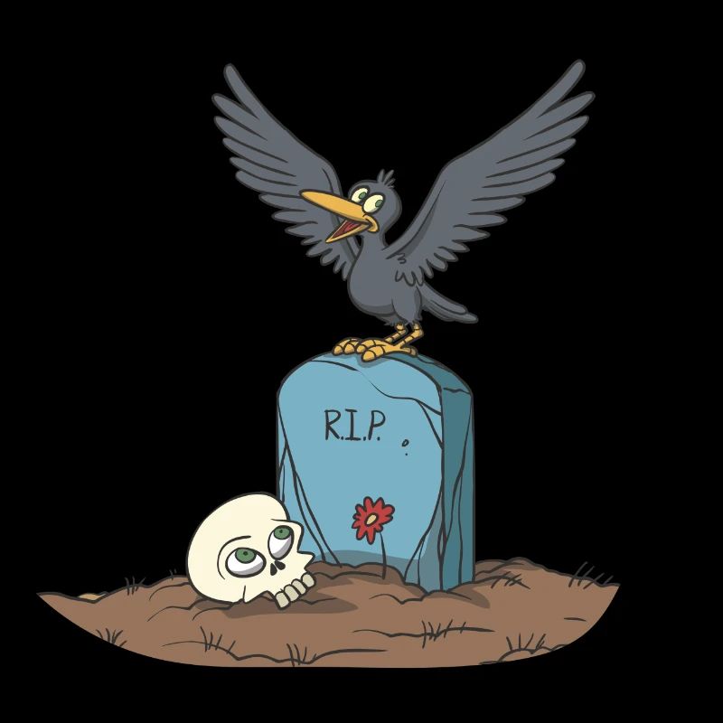 Crow on gravestone with skull
