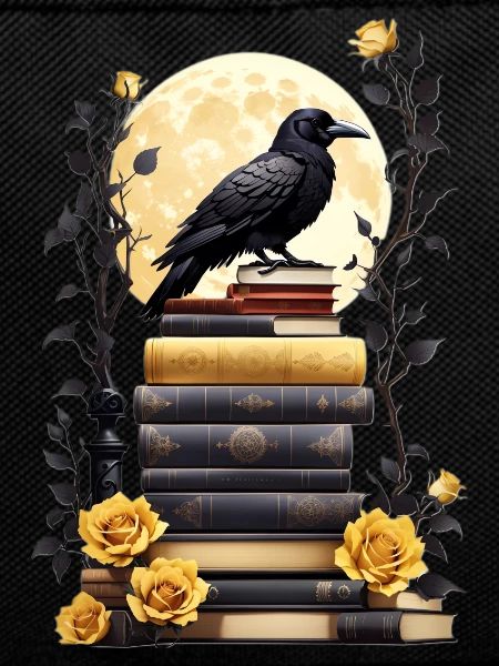Stack of books with raven