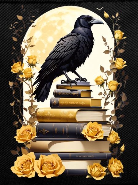 Stack of books with raven
