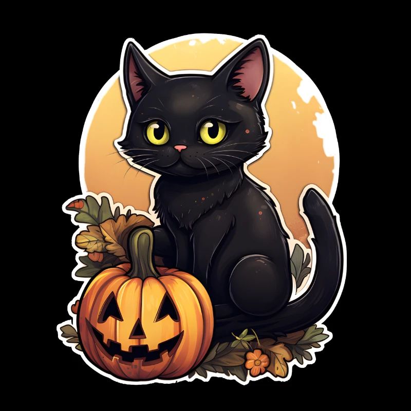 Chat noir d’Halloween en feuillage avec citrouille
