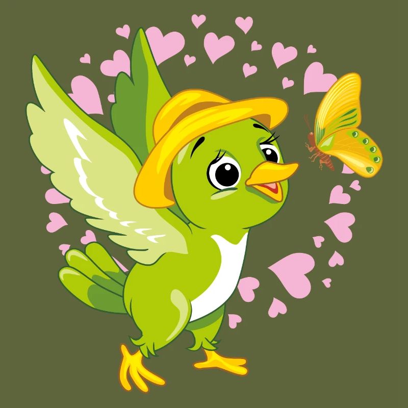 Oiseau vert mignon jouant avec un papillon