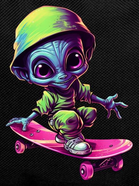Blue-Pink Alien Skateboarder: Cosmic Tricks