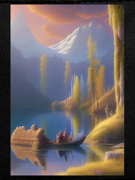 Landscape with lake, boat and mountains