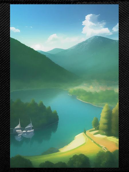 Landscape with lake, boat and mountains
