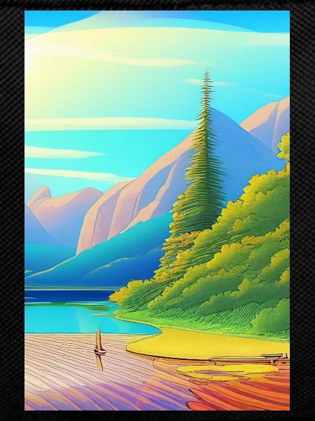 Landscape with lake, boat and mountains