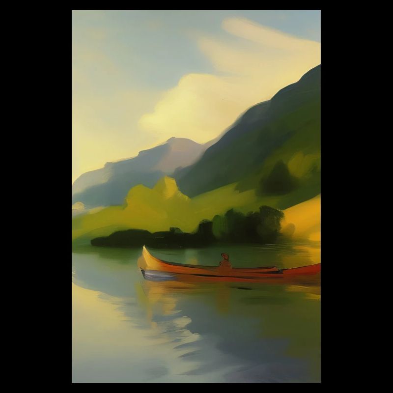 Paysage avec lac, bateau et montagnes