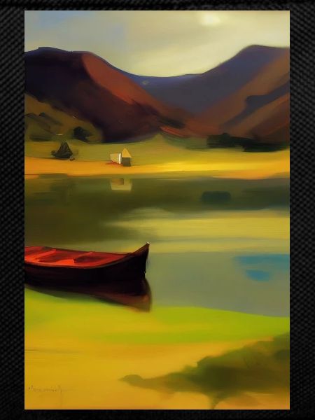 Landschaft mit See, Boot und Berge