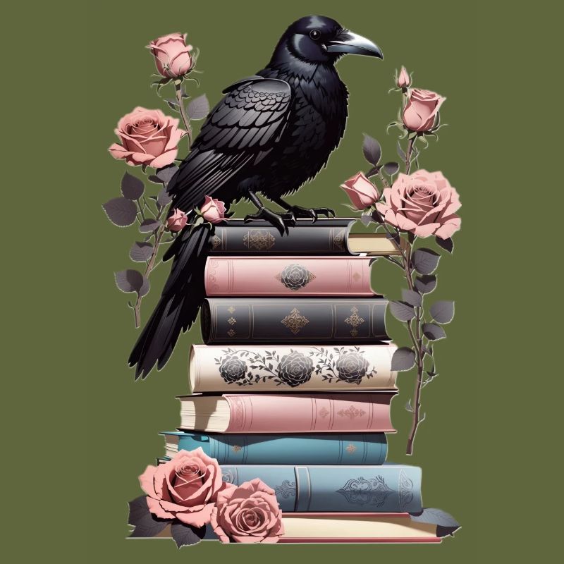 Stack of books with raven