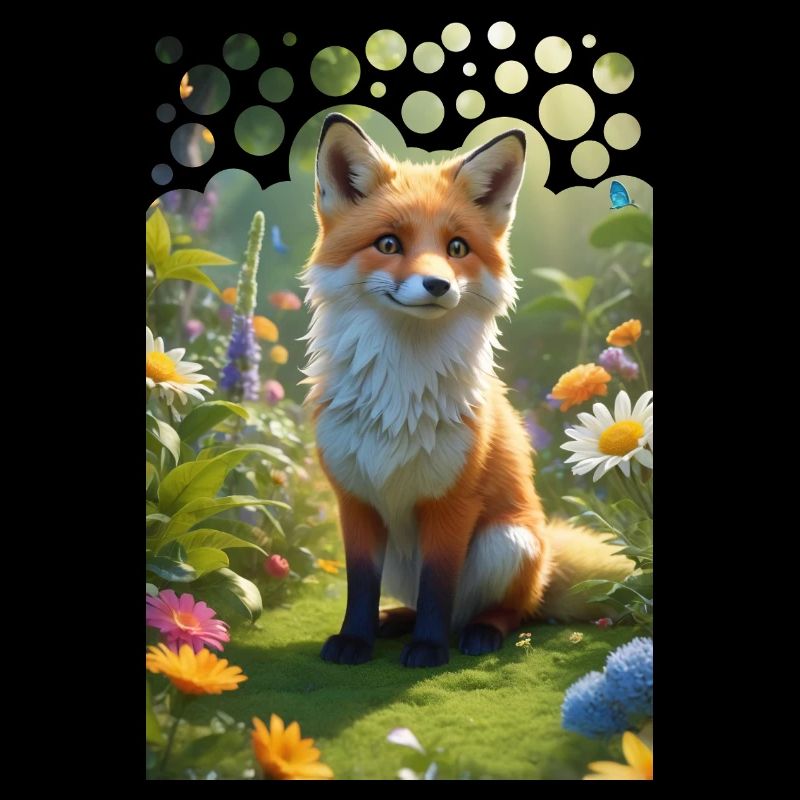 Frecher süßer Fuchs auf einer Wiese mit Blumen