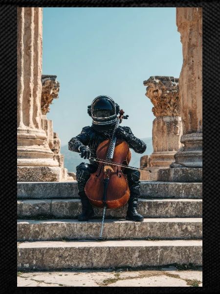 Cosmic Astronaut Playing Cello Amid Ruins
