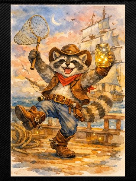 Raccoon cowboy with firefly jar