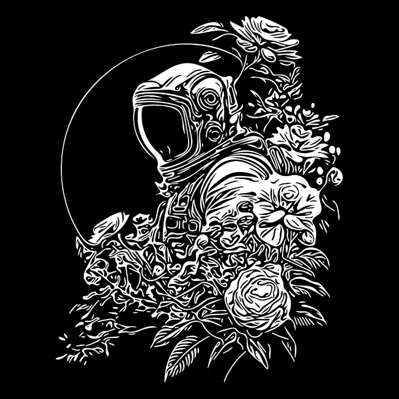 Astronaute dans le jardin fleuri au clair de lune