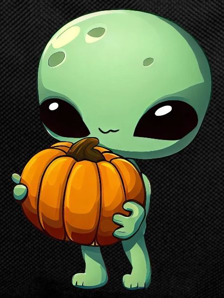 Green alien with Halloween pumpkin