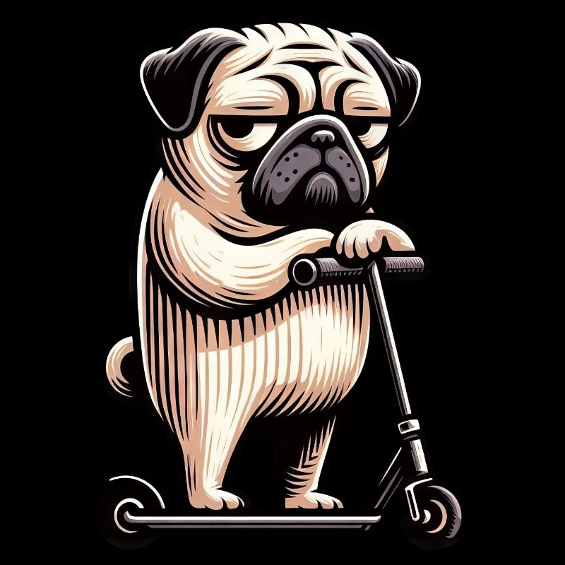Lustiger Mops auf Roller Scooter Comic