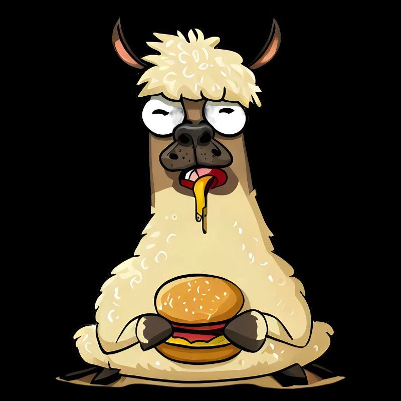 Funny llama enjoying a cheeseburger
