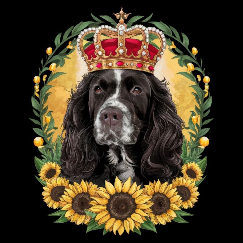 Cocker Spaniel avec couronne et tournesols