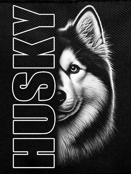 Husky Porträt mit vertikalem Schriftzug