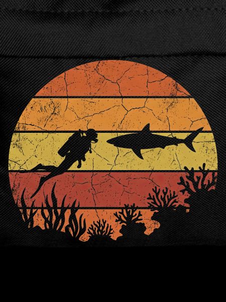 Diver and shark with retro sunset