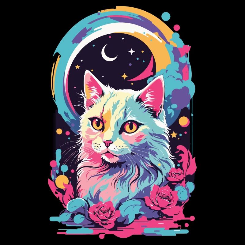 Magical Pastel Goth Cat at Night with Roses