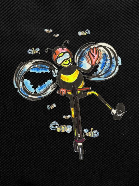 Bee rides electric scooter