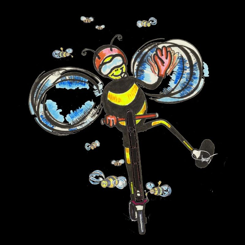 Bee rides electric scooter