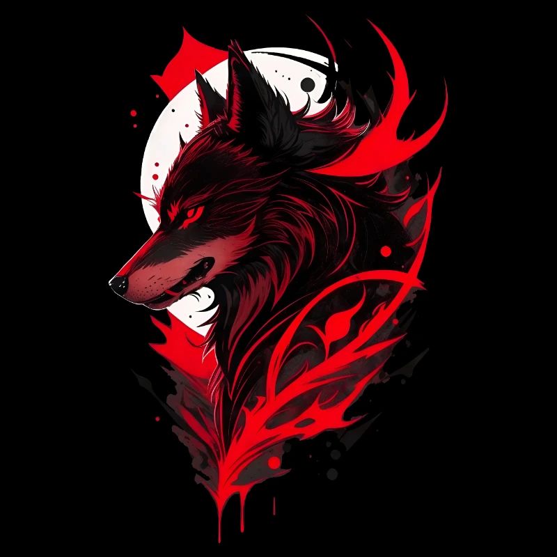 Red and Black Wolf Head at the moon
