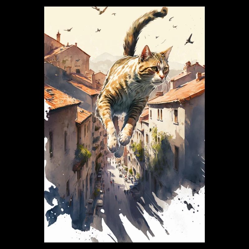 Cat Dream Bird Hunting Aquarelle