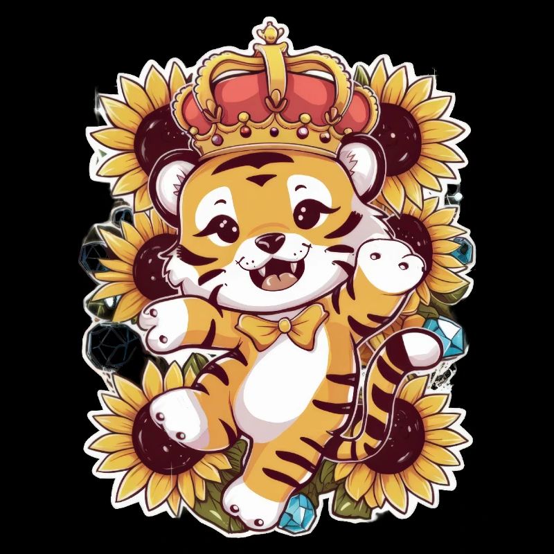 Tiger with crown and magnificent sunflowers