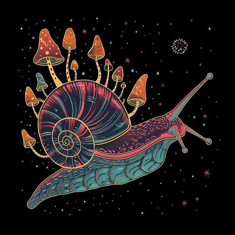 Colorful surreal snail with mushrooms